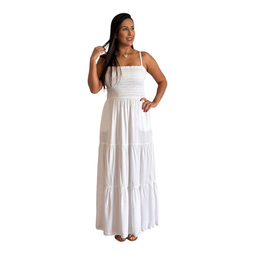 VESTIDO LONGO EM VISCOSE, POSSUI LASTEQUE NO BUSTO
