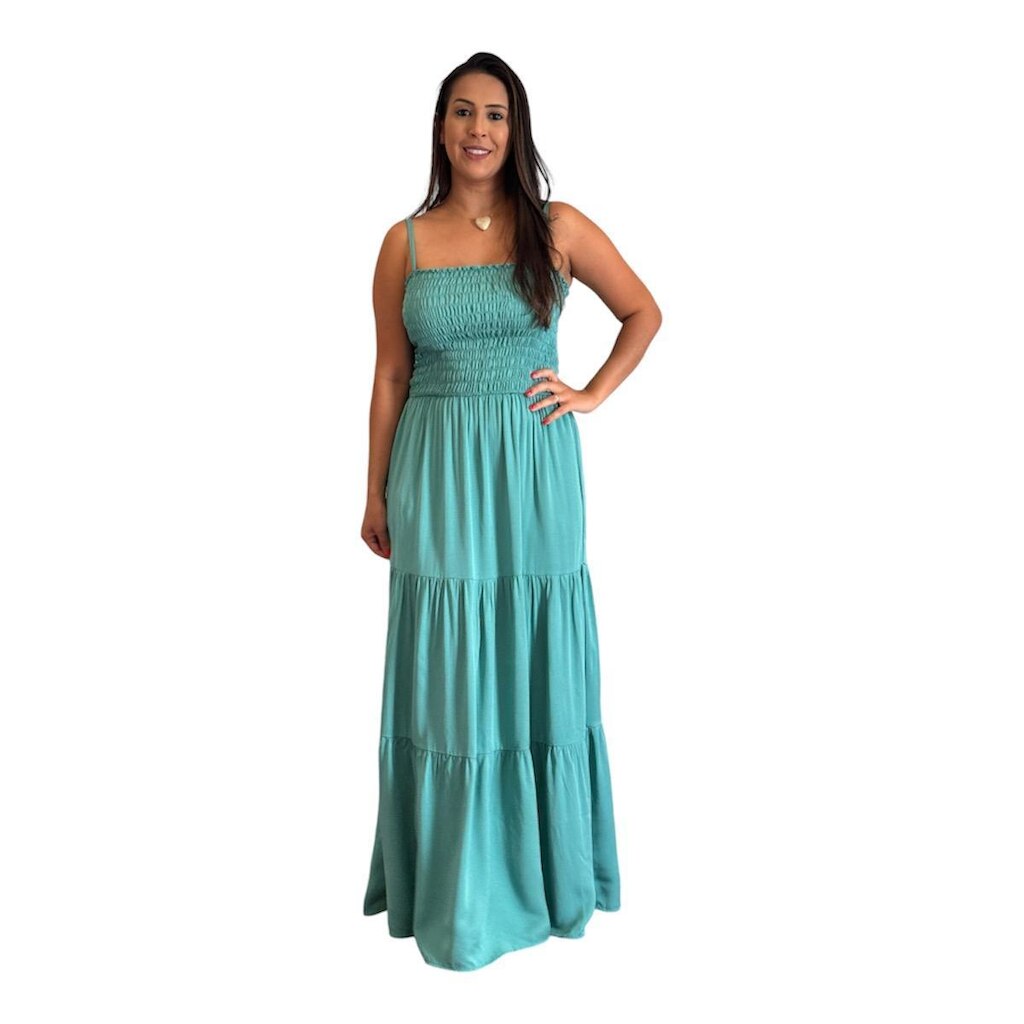 VESTIDO LONGO EM VISCOSE, POSSUI LASTEQUE NO BUSTO