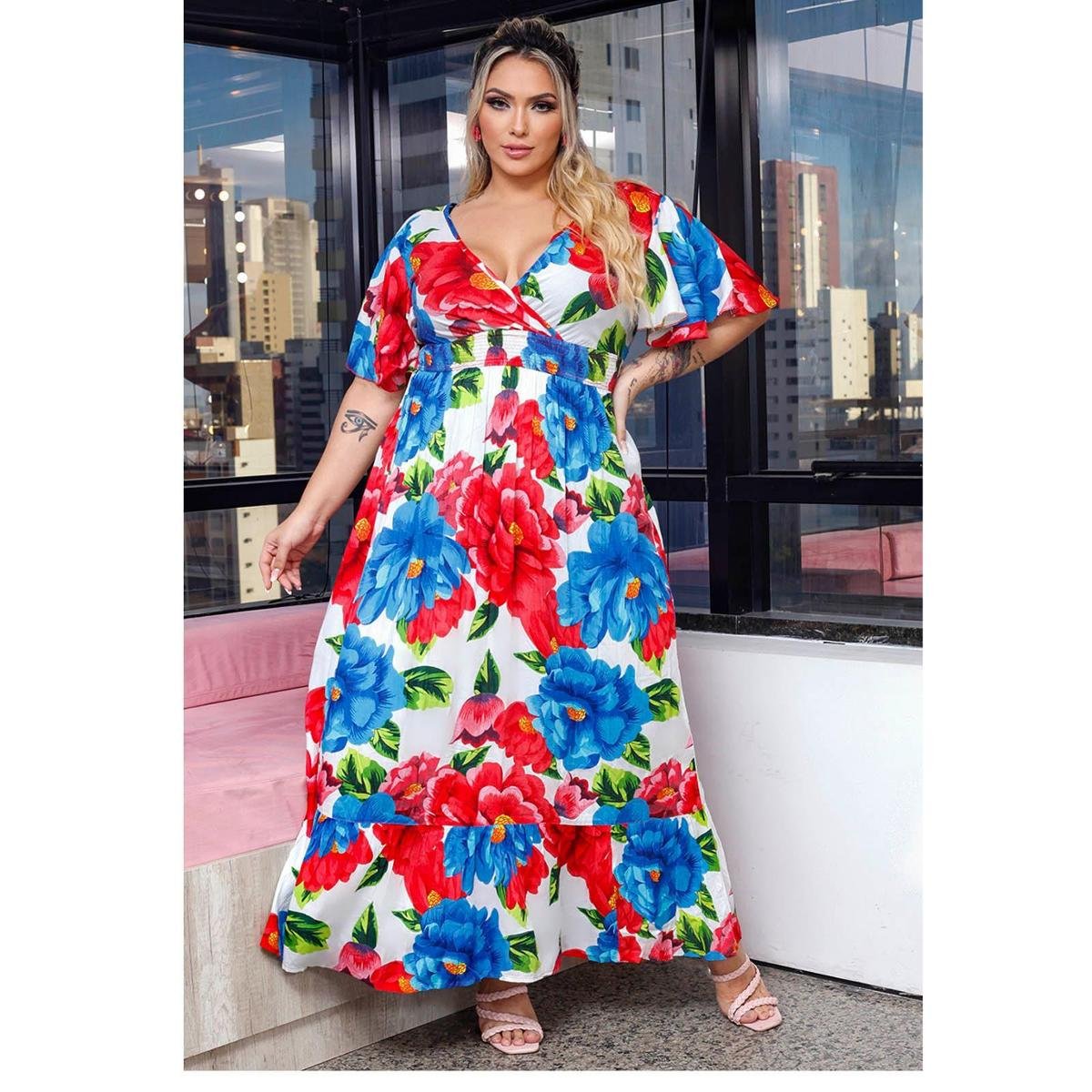Vestido Longo Estampado Com Mangas Plus Size Sob+ Menor preço em Vestido Longo Estampado Com Mangas Plus Size Sob+