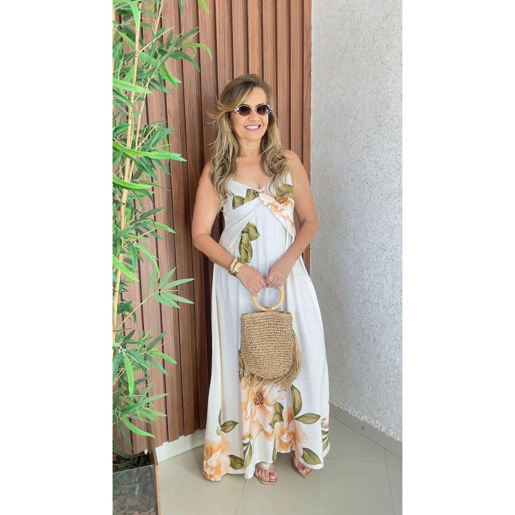Vestido Longo Estampado De Alça Regulavel Decote V