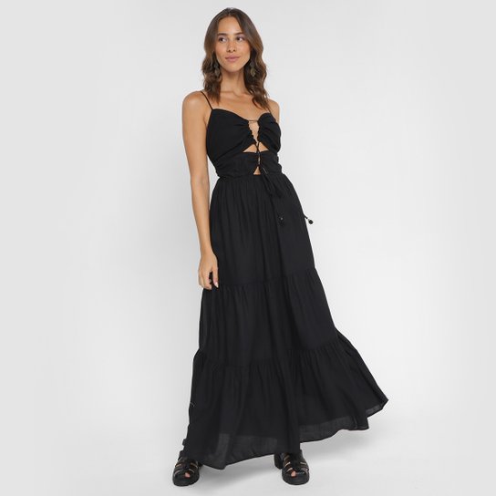 Vestido Longo Farm Amarração Feminino - Preto Menor preço em Vestido Longo Farm Amarração Feminino - Preto