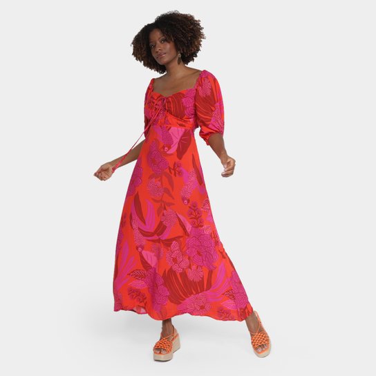 Vestido Longo Farm Aurora Manga 3/4 Bufante Estampado Netshoes