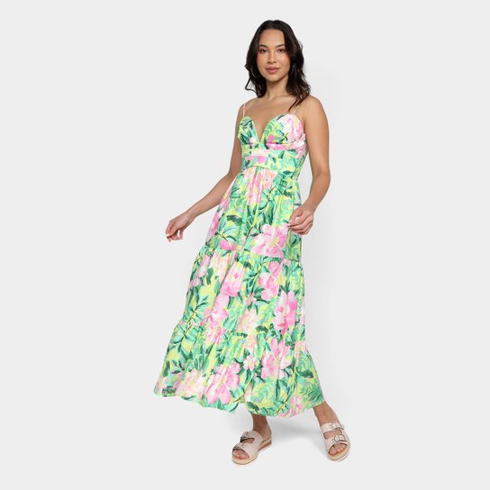Vestido Longo Farm Cropped Floral Pintado - Verde Limão Menor preço em Vestido Longo Farm Cropped Floral Pintado - Verde Limão