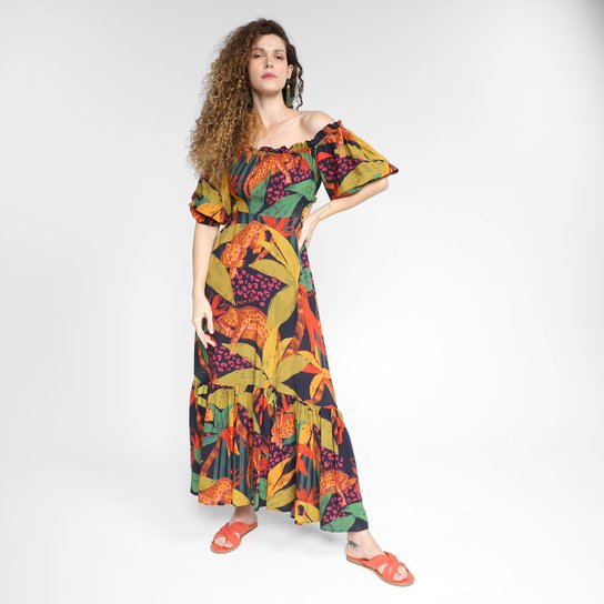 Vestido Longo Farm Ombro a Ombro Onça - Estampado Menor preço em Vestido Longo Farm Ombro a Ombro Onça - Estampado