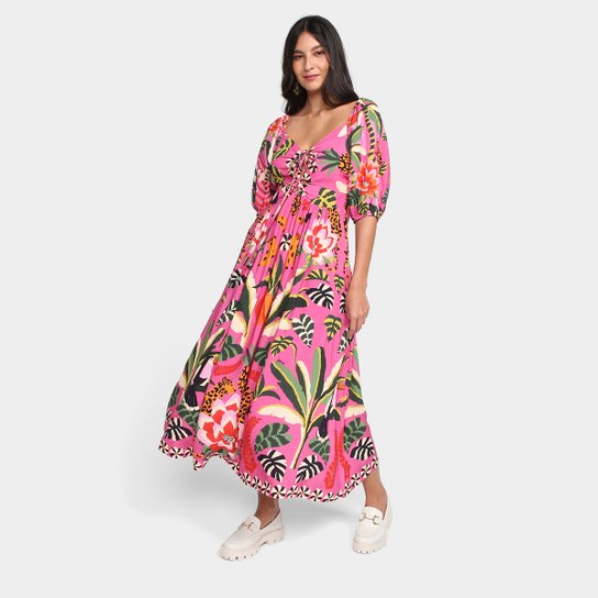 Vestido Longo Farm Recanto das Onças Feminino - Estampado Menor preço em Vestido Longo Farm Recanto das Onças Feminino - Estampado