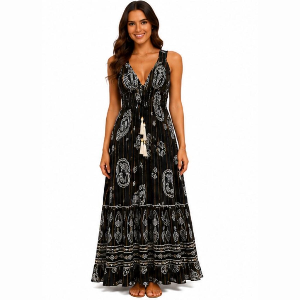 Vestido Longo Feminino Indiano em Viscose Estampado com Lastex
