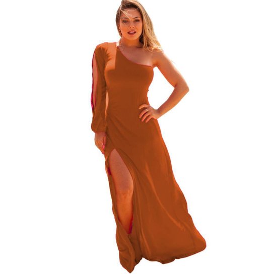 Vestido Longo Festa Um Ombro Só Manga Vazada Madrinha Formatura Casamento - Terracota Menor preço em Vestido Longo Festa Um Ombro Só Manga Vazada Madrinha Formatura Casamento - Terracota