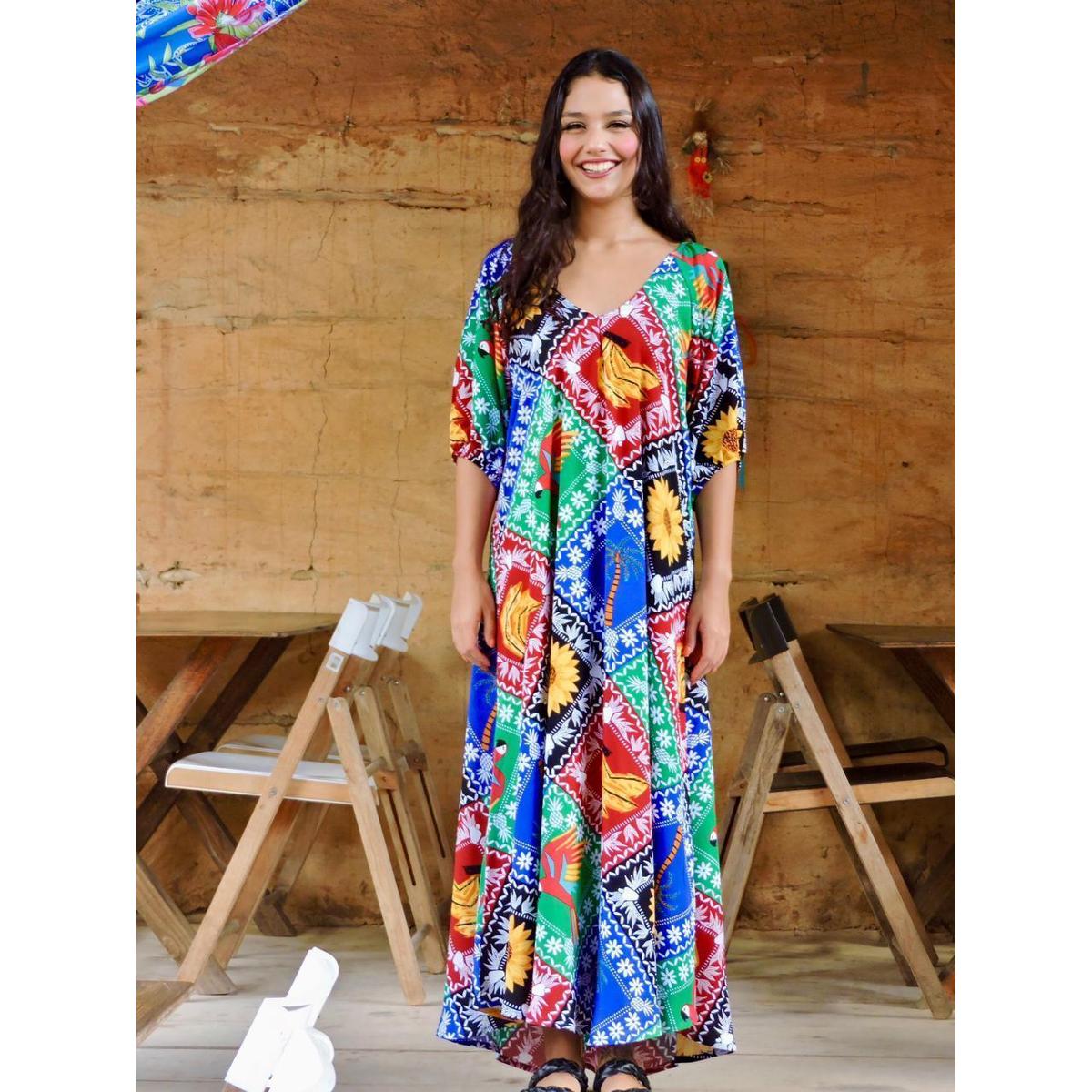 Vestido Longo Helena Nordeste Estampado Viscolinho Menor preço em Vestido Longo Helena Nordeste Estampado Viscolinho