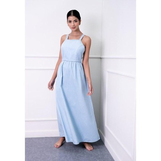 VESTIDO LONGO JEANS DECOTE COSTAS - Azul Menor preço em VESTIDO LONGO JEANS DECOTE COSTAS - Azul