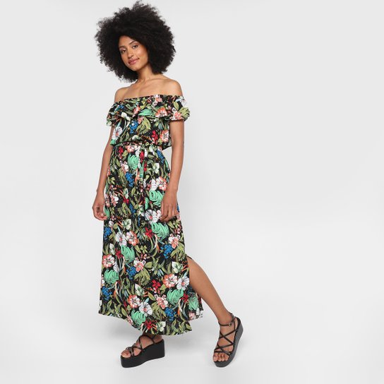 Vestido Longo KGV Floral Folhagem Feminino - Preto Menor preço em Vestido Longo KGV Floral Folhagem Feminino - Preto