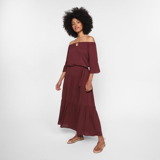 Vestido Longo KGV Manga 3/4 Feminino - Vinho Menor preço em Vestido Longo KGV Manga 3/4 Feminino - Vinho