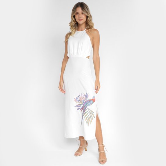 Vestido Longo Linho Colcci Bordado Feminino - Off White Menor preço em Vestido Longo Linho Colcci Bordado Feminino - Off White