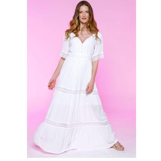 Vestido Longo Liso com Mangas e Renda Sob Rodado - Branco Menor preço em Vestido Longo Liso com Mangas e Renda Sob Rodado - Branco