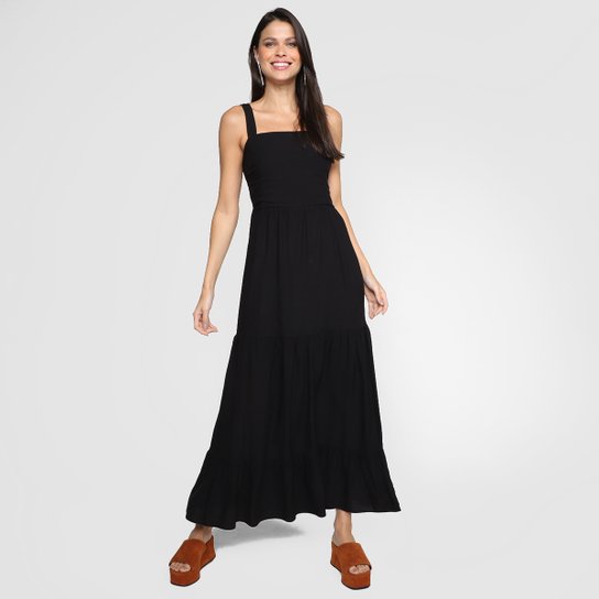 Vestido Longo Malwee Evasê Liso - Preto Menor preço em Vestido Longo Malwee Evasê Liso - Preto