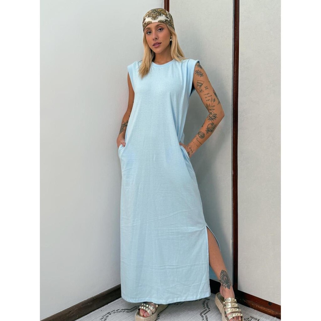 Vestido Longo Muscle Tee em Algodão com Bolso Aveloz Azul Claro