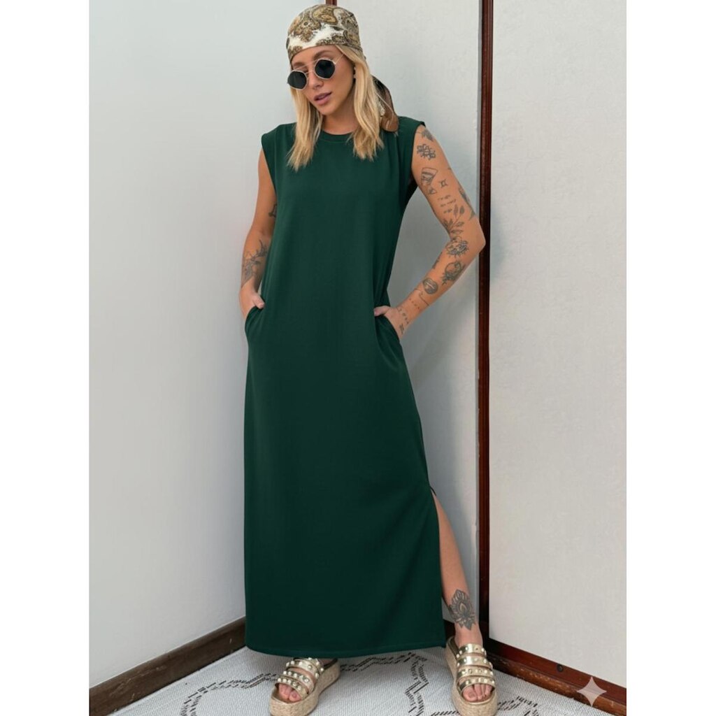 Vestido Longo Muscle Tee em Algodão com Bolso Aveloz Verde Floresta
