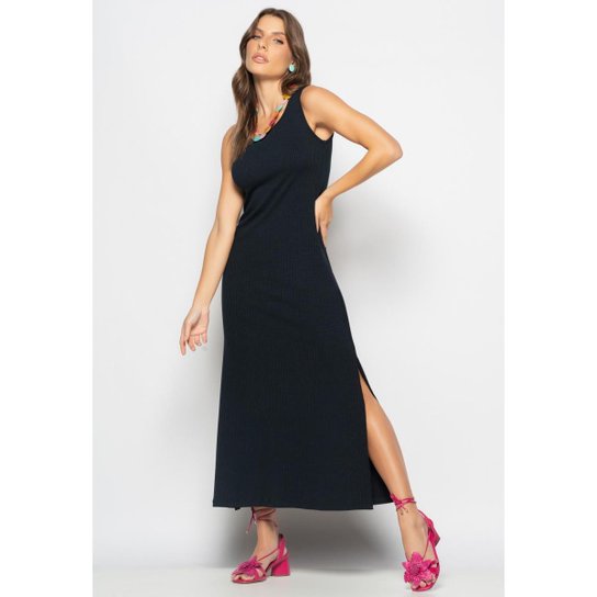Vestido Longo Regata Com Fenda Canelado Salvatore - Preto Menor preço em Vestido Longo Regata Com Fenda Canelado Salvatore - Preto