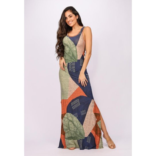 Vestido Longo Regata Malha Folhas Azuis - GG - Veste do 46 ao 48 - Estampado Menor preço em Vestido Longo Regata Malha Folhas Azuis - GG - Veste do 46 ao 48 - Estampado