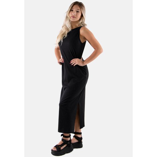 Vestido Longo Ribana Fenda Canelado - Preto Menor preço em Vestido Longo Ribana Fenda Canelado - Preto