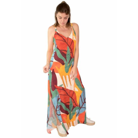 Vestido Longo Viscose Estampado Craft Fendas Laterais - Vermelho+Verde Menor preço em Vestido Longo Viscose Estampado Craft Fendas Laterais - Vermelho+Verde