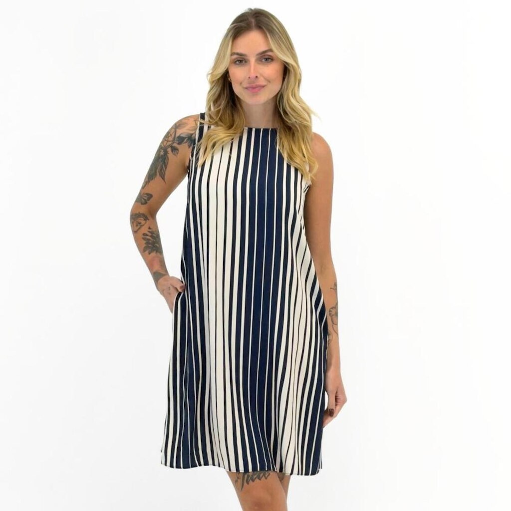 Vestido Malwee Curto Regata Listrado com Bolso Feminino