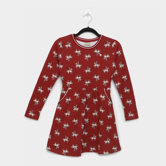 Vestido Manga Longa Infantil Milon Moletinho Cavalinhos Bolsos