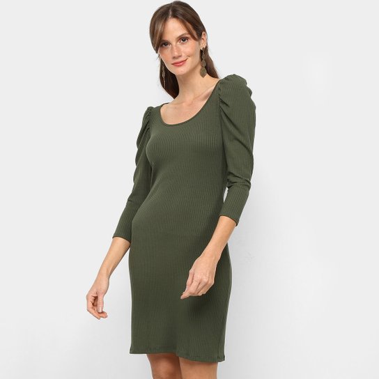 Vestido Mercatto Tubinho Curto Canelado Manga Longa Bufante