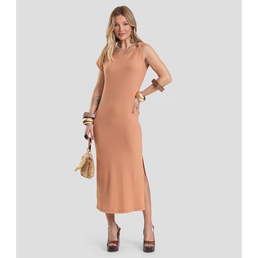 Vestido Midi Canelado Dianna Marrom