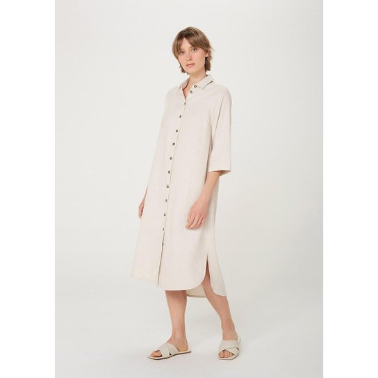 Vestido Midi Chemise Em Tecido Com Linho - Off White Menor preço em Vestido Midi Chemise Em Tecido Com Linho - Off White