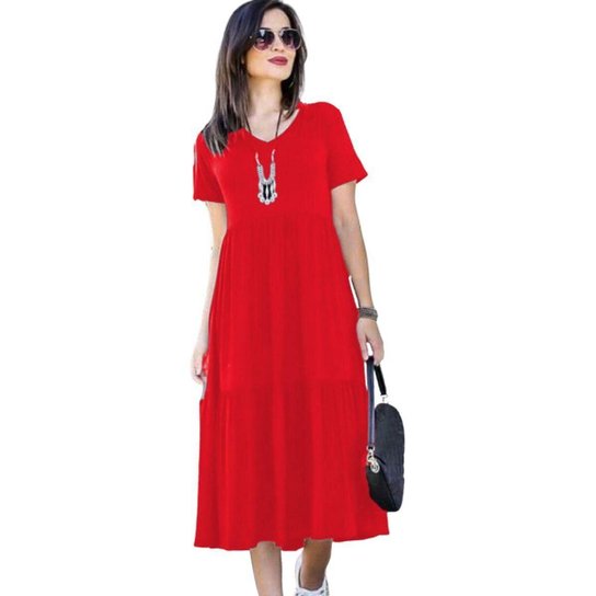 Vestido Midi Duas Marias Manga Curta Casual Moda Evangelica - Vermelho é ruim? Vestido Midi Duas Marias Manga Curta Casual Moda Evangelica - Vermelho é boa?
