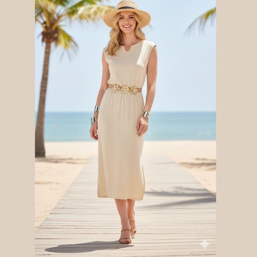 Vestido Midi em Viscose com Gola V e Sem Manga Cereja Rosa