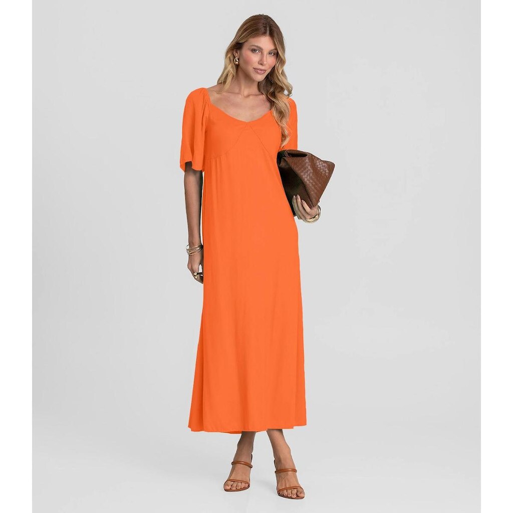 Vestido Midi Em Viscose Com Manga Curta Dianna Laranja
