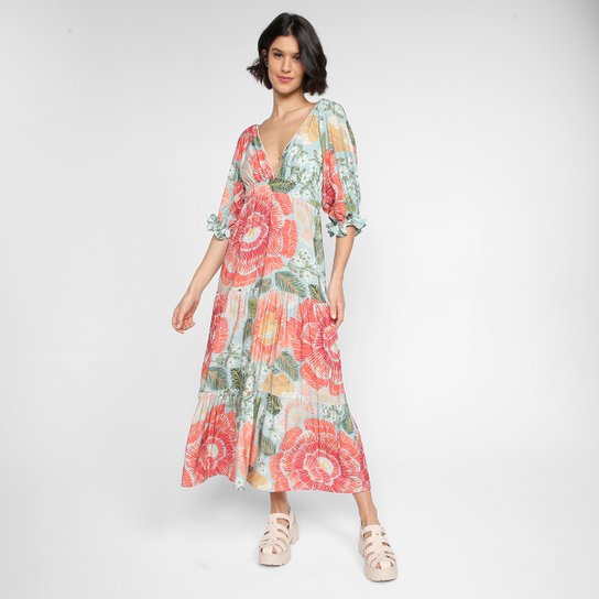 Vestido Midi Farm Cropped Floral Julia - Verde+Rosa Menor preço em Vestido Midi Farm Cropped Floral Julia - Verde+Rosa