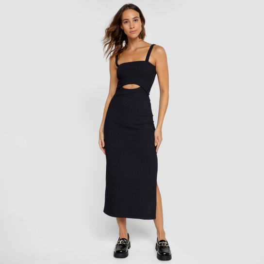 Vestido Midi Farm Recorte Fenda Feminina - Preto Menor preço em Vestido Midi Farm Recorte Fenda Feminina - Preto