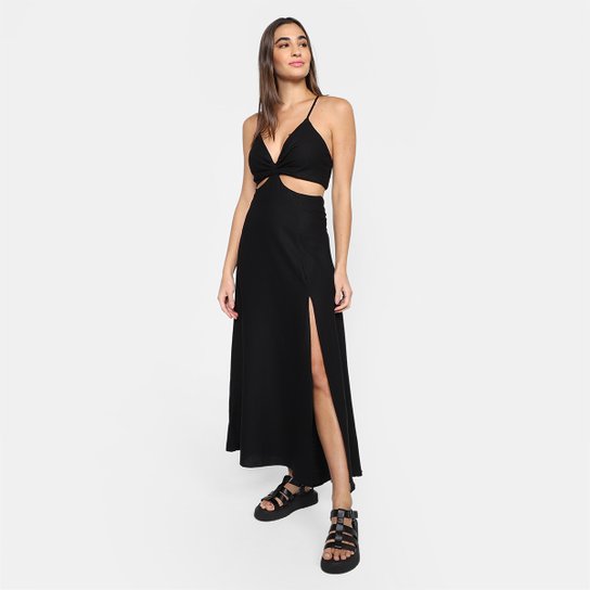 Vestido Midi Farm Vazado Alça Fina - Preto Menor preço em Vestido Midi Farm Vazado Alça Fina - Preto