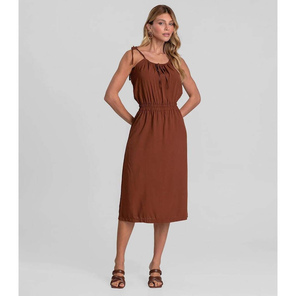 Vestido Midi Feminino De Alça Em Viscose Dianna Marrom