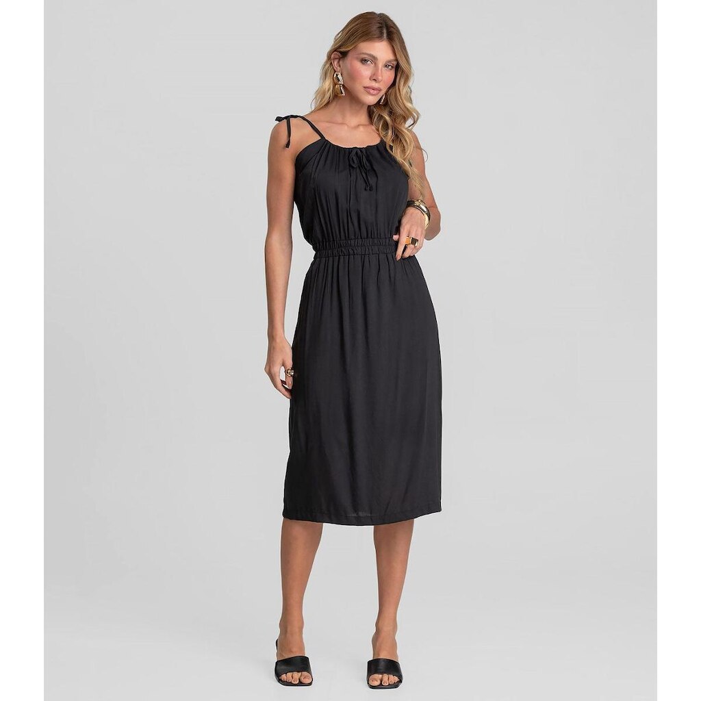 Vestido Midi Feminino De Alça Em Viscose Dianna Preto