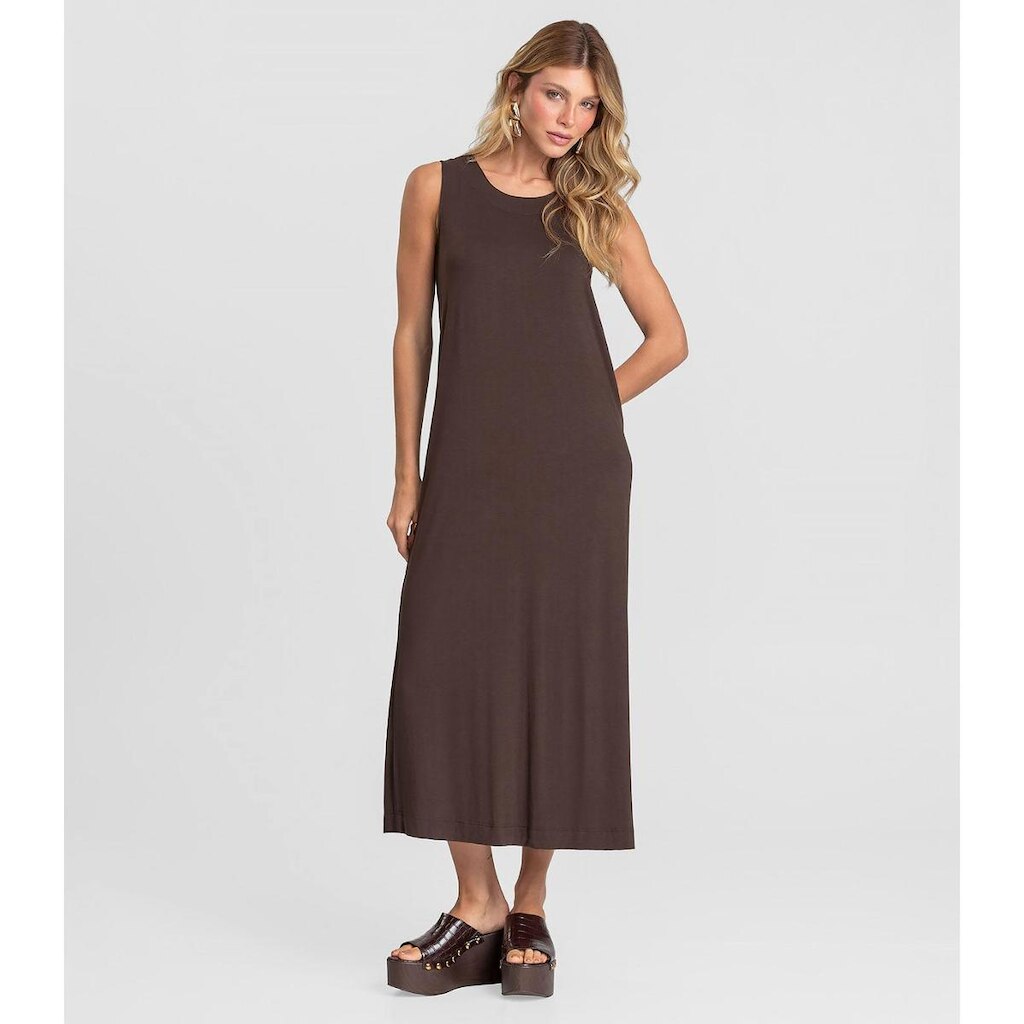 Vestido Midi Feminino em Malha Visco Dianna Marrom