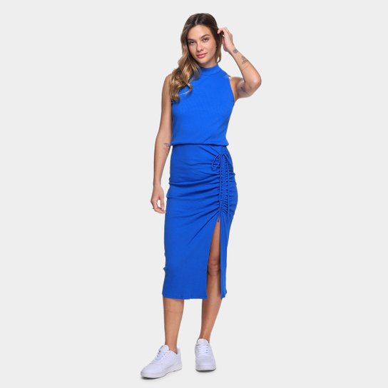 Vestido Midi Il Shin Canelado Fenda - Azul Menor preço em Vestido Midi Il Shin Canelado Fenda - Azul