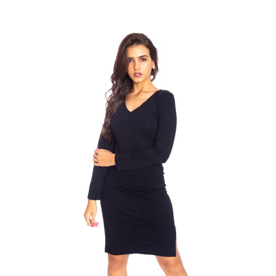 Vestido Moda Vicio Justo Decote V Manga Longa Com Fenda Na Lateral - Preto Menor preço em Vestido Moda Vicio Justo Decote V Manga Longa Com Fenda Na Lateral - Preto