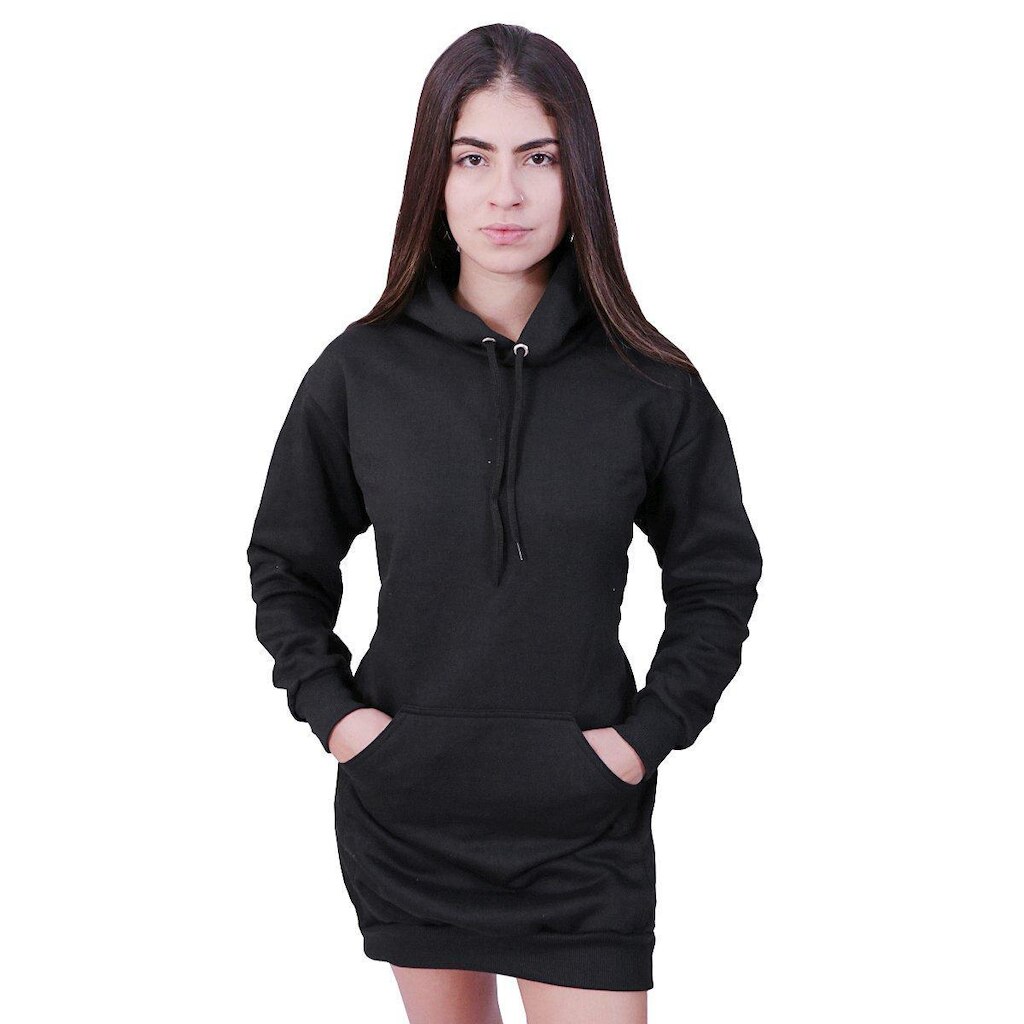 Vestido Moletom Feminino Com Bolso E Capuz Preto