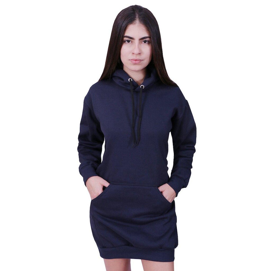 Vestido Moletom Longo Infantil Com Bolso E Capuz Azul Marinho