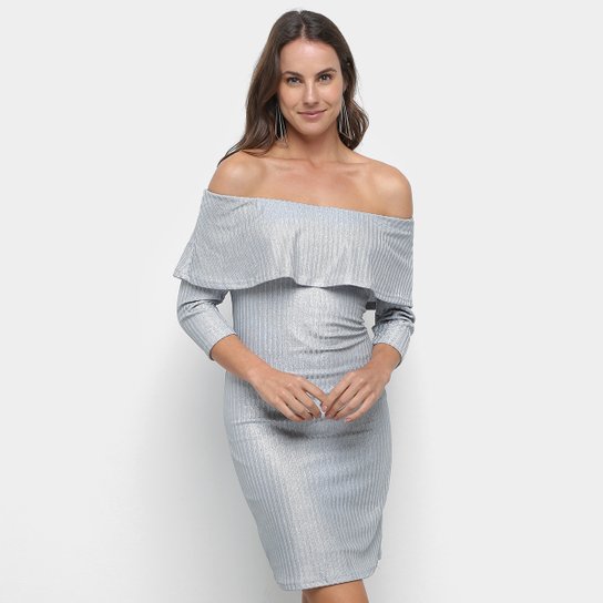 Vestido Ombro a Ombro Malwee Midi Metalizado - Cinza Menor preço em Vestido Ombro a Ombro Malwee Midi Metalizado - Cinza