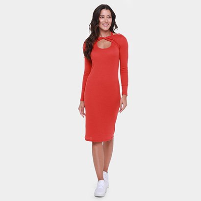 Vestido Shioo Tubinho Midi Manga Longa Canelado - Feminino