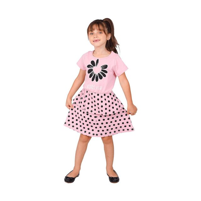 Vestido Verão Infantil Rosa Poá com Flor - Big Bless