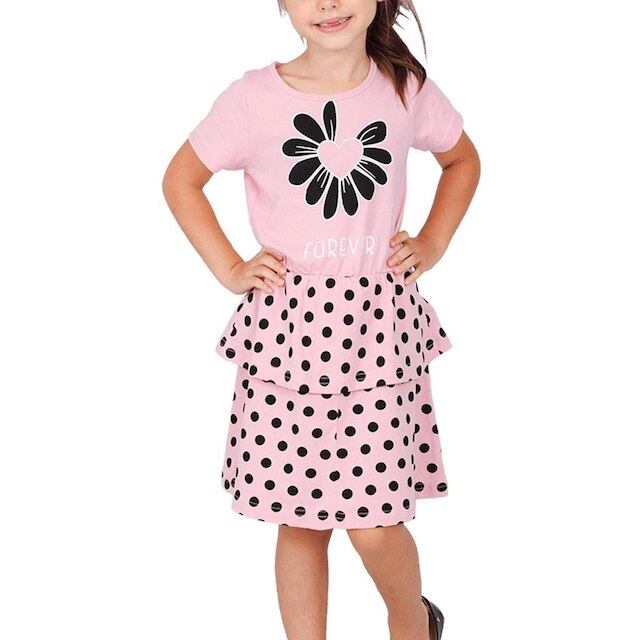 Vestido Verão Infantil Rosa Poá com Flor - Big Bless