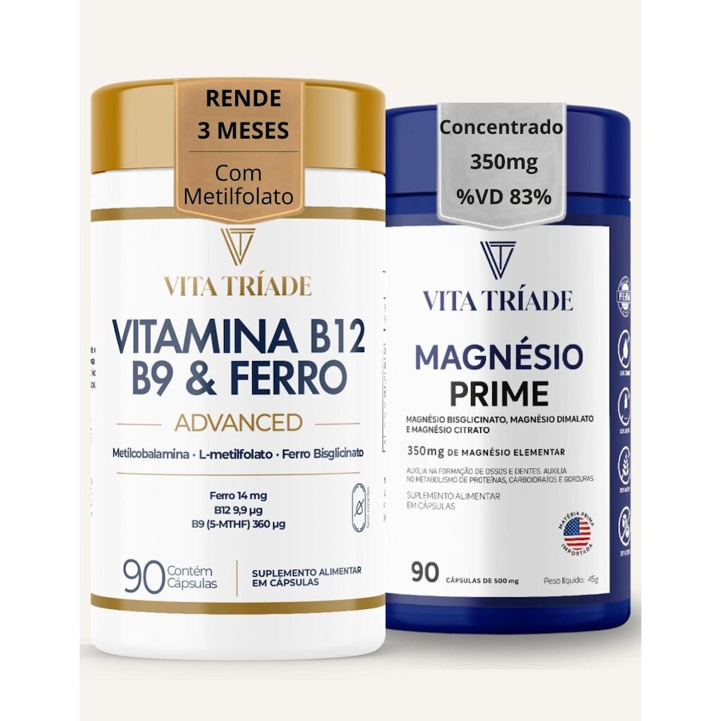 Vitamina B12 concentrada, B9 e Ferro 90 Cápsulas + Magnésio Concentrado 350mg  90 Cápsulas Kit