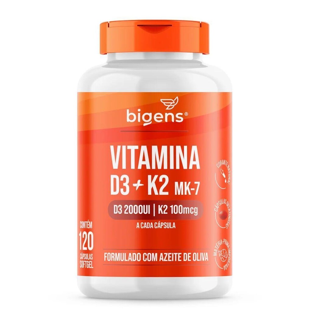 Vitamina D3 + K2 Formulado com Azeite Oliva - 120 Cápsulas - Bigens