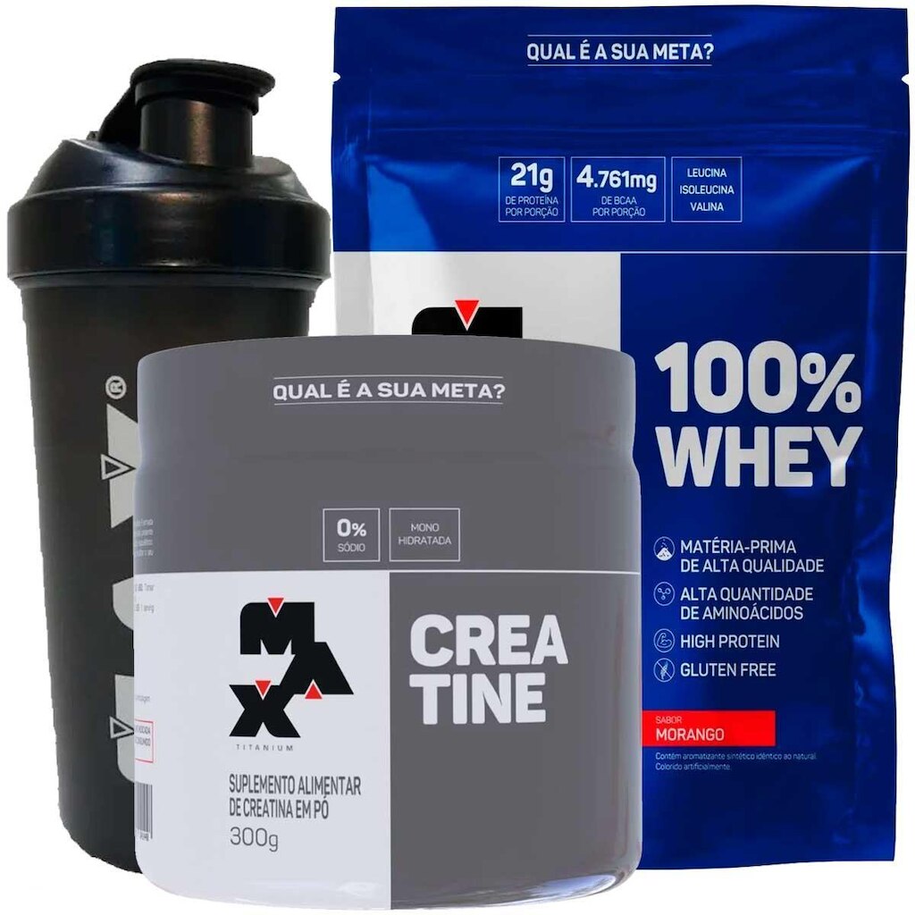 Whey 100% Concentrado 900g + Creatina 300g Max Sabor Morango