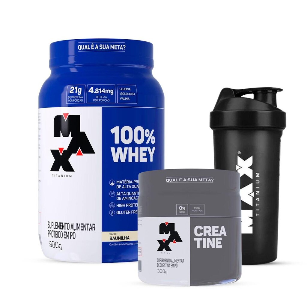 Whey 100% Max 900g + Creatina Max 300g + Coqueteleira - Max Titanium - Chocolate
